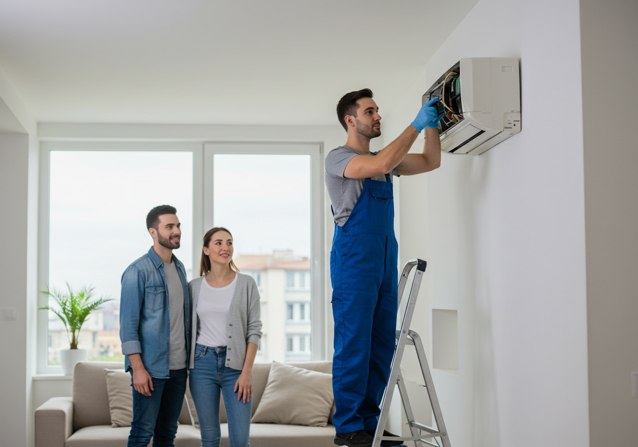 Técnico profissional instalando ar-condicionado com clientes satisfeitos
